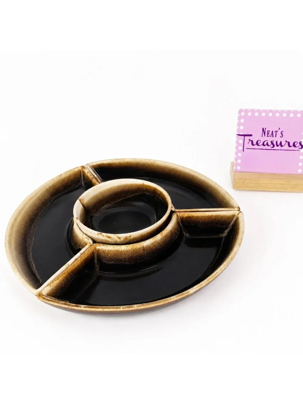 MCM Pfaltzgraff GOURMET Brown Drip Stoneware 4 Piece Lazy Susan Relish Dish Tray